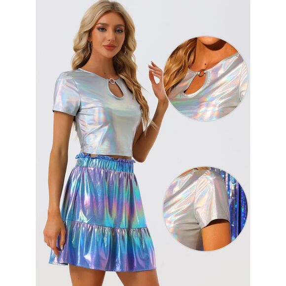 Metallic Keyhole Short Sleeve Party Shiny Holographic Crop Top SilverHolographic - Picture 2 of 5